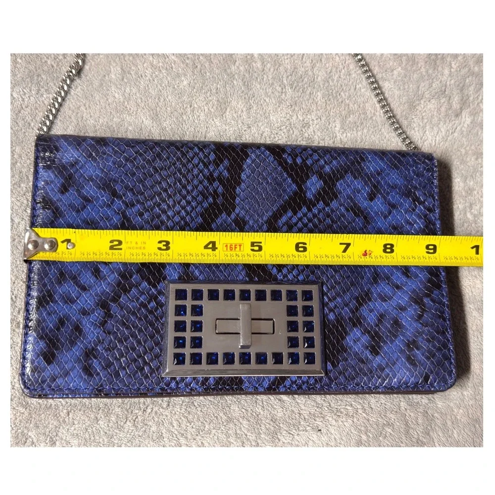 Michael Kors Ellie MD Shoulder Flap Clutch Bag Blue Snake Print Embossed Leather